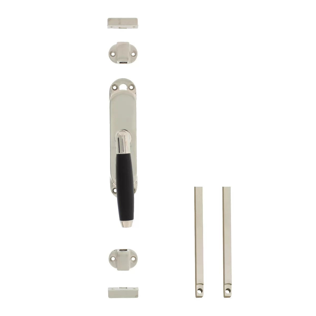 Nikkel kruk raam-espagnolet — Intersteel Ton 222 en Ton 400 links- en rechtsdraaiend met stangenset 2x1250mm in nikkel mat ebbenhout glans en vernikkeld voor hoge jaren-30 ramen en monumentale raam-toepassingen