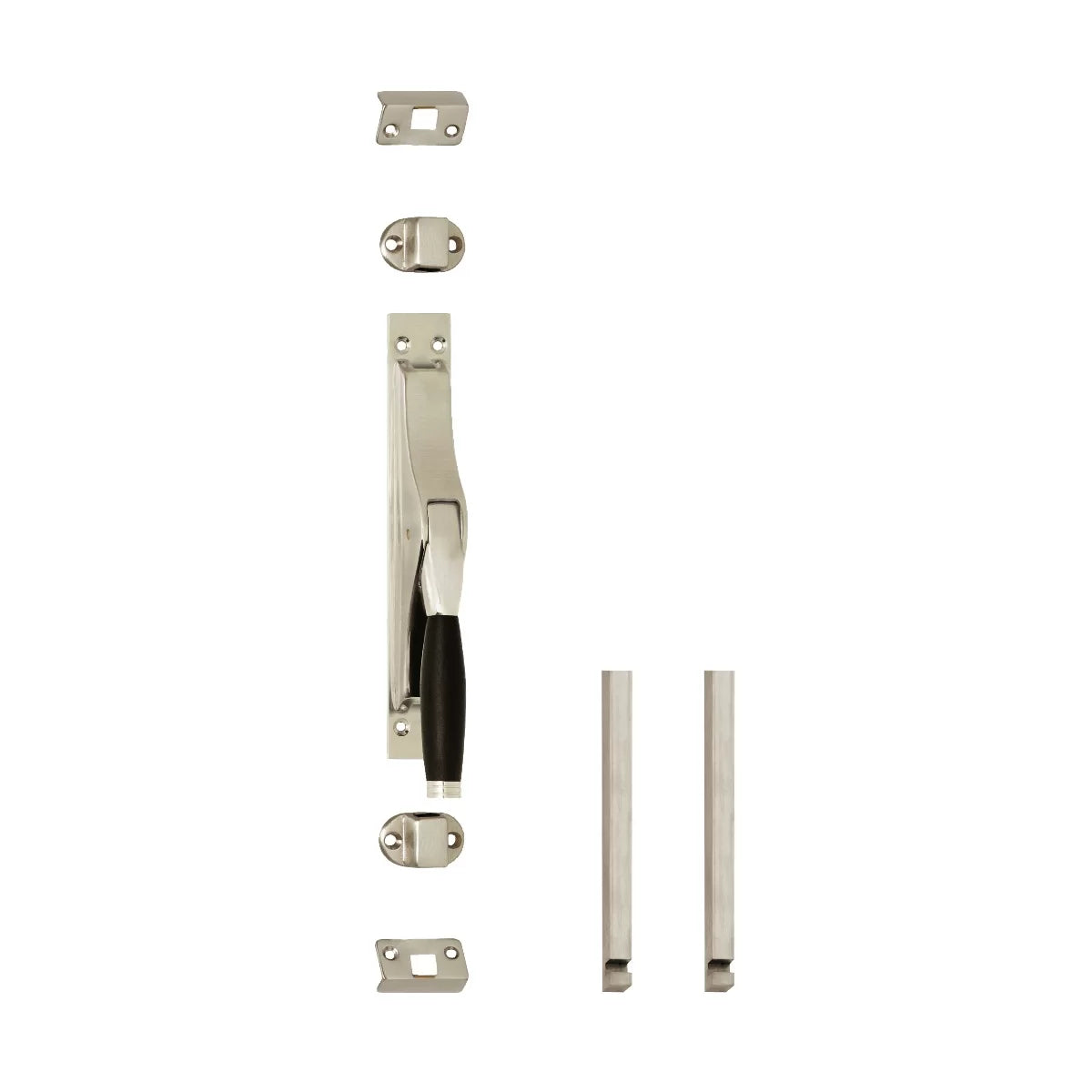 Nikkel pomp-espagnolet — Intersteel Ton Basic, Ton 222 en Ton 400 met stangenset 2x1250mm in mat nikkel, glans nikkel met ebbenhouten knop en gepolijst vernikkeld voor klassieke draaibalkondeuren