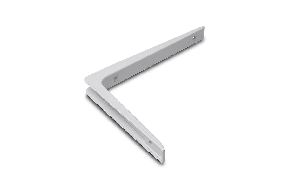 Dulimex (DX) plankdrager zonder schoor in aluminium wit gelakt — L-vormige wandsteun zonder diagonale schoor voor lichte planken in witte interieurs
