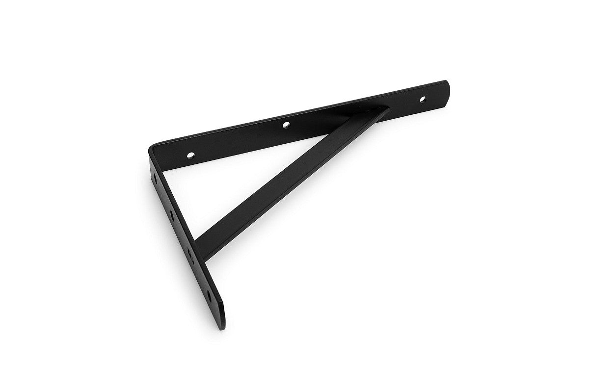 Dulimex DX BEAM plankdrager met schoor in staal mat zwart RAL 9005 — driehoek-vormige stalen drager met diagonale schoor voor zware planken en industriële loftstijl
