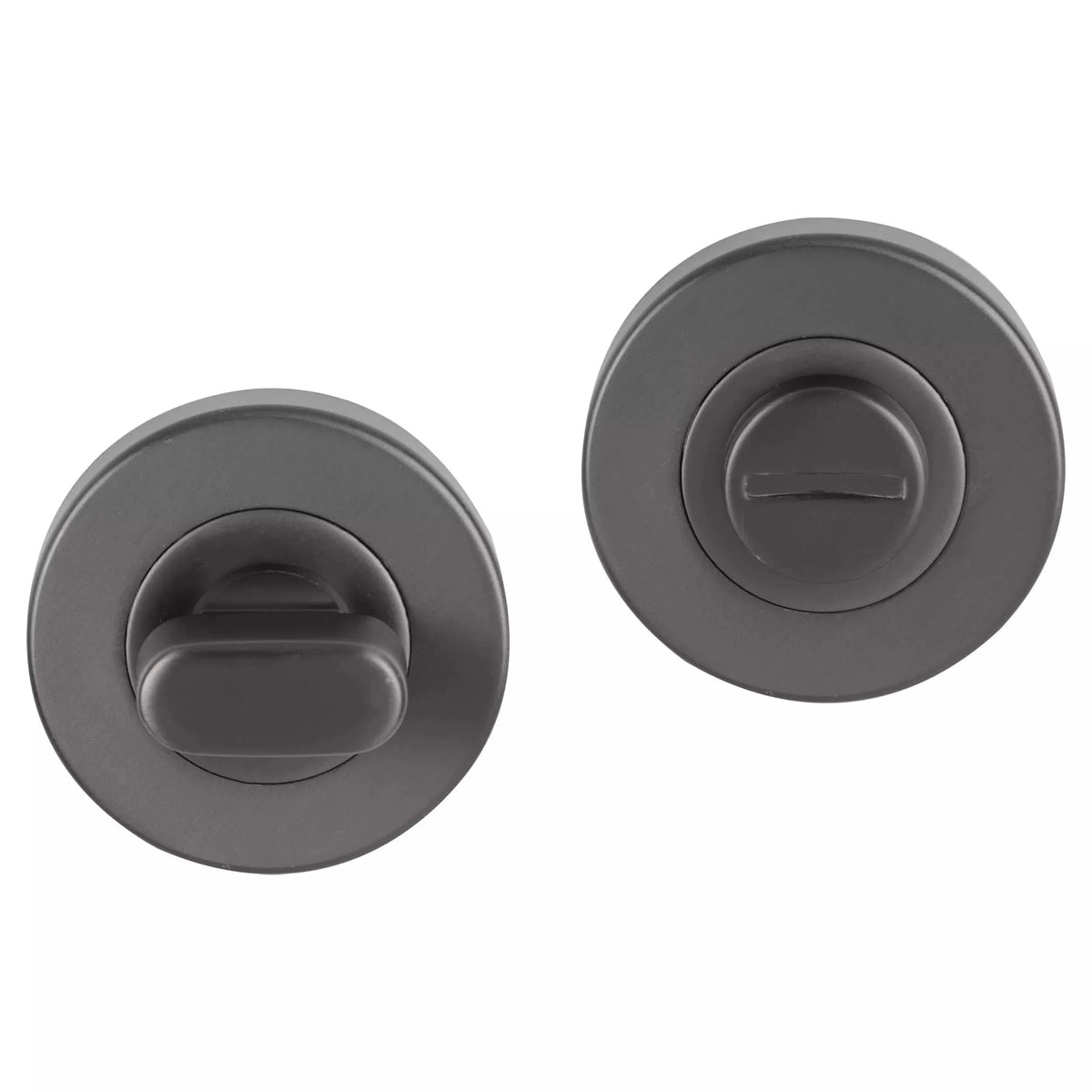 Intersteel Rozet sleutelgat en toilet-/badkamersluiting Antraciet Grijs, Q-serie pvd antraciet, Differnz WC Rond 53mm en Sleutelgat Gun Metal, STILE WC garnituur Titanium plus Formani BASIC LBWC50 — gun metal rozetten.