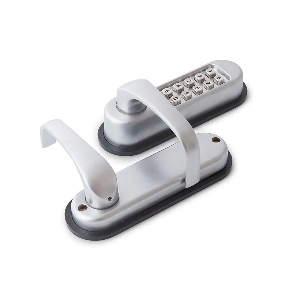 DX Knopset cijferslot met deurkruk en inbouwgrendel plus Dulimex Mechanisch codeslot KNSV-1150 SCP — codesloten met pincode-bediening voor villa-bijdeur, kantoor, vakantiewoning of bedrijfspand zonder sleutel-beheer.