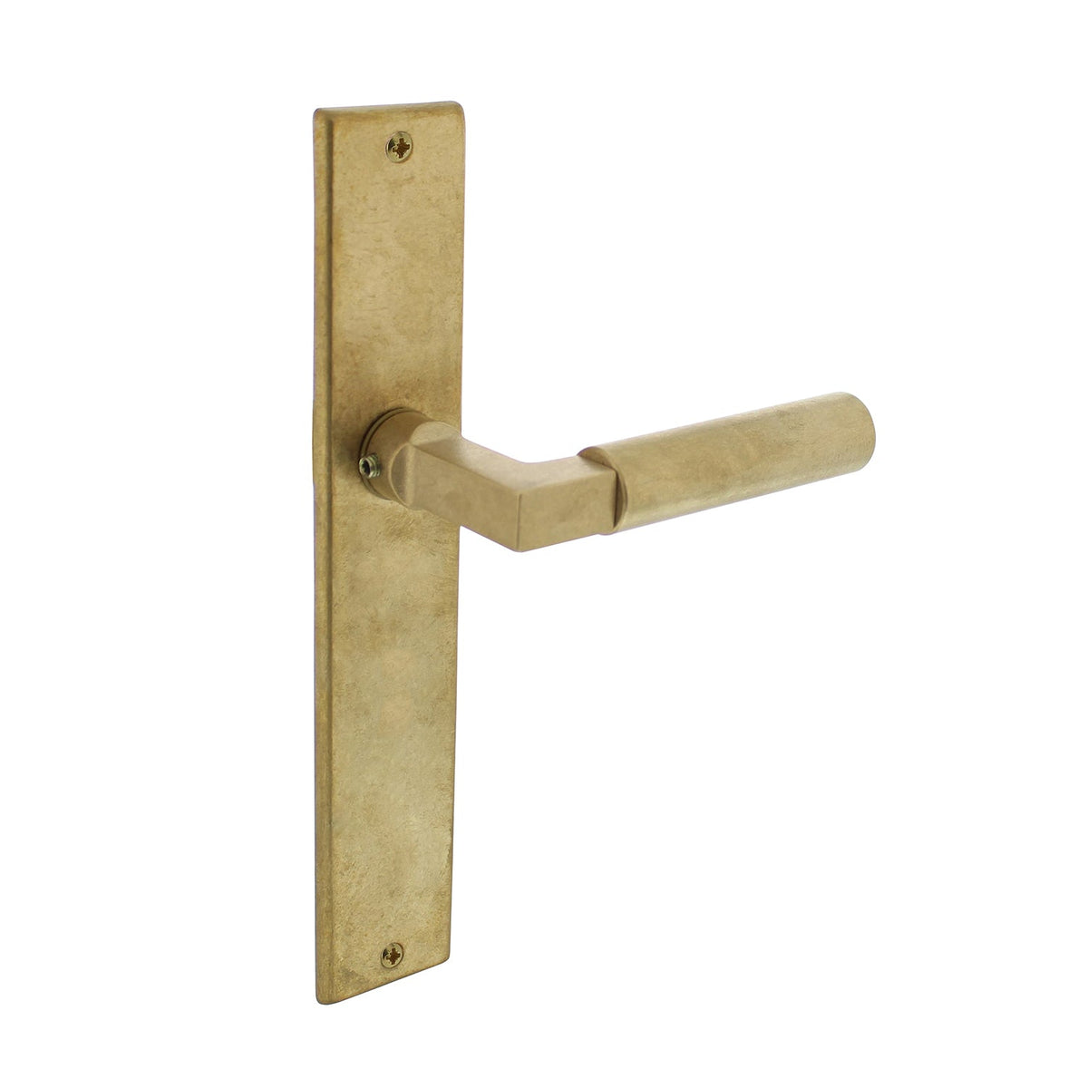 Intersteel deurkruk Banaan met schild 181x41x7mm messing getrommeld — binnendeur-set voor jaren-30 villa, getrommelde matgouden finish met afgeronde randen, krukstift 8 mm vierkant en M4-bevestiging, voor PC55-cilinderslot of WC-binnenslot.