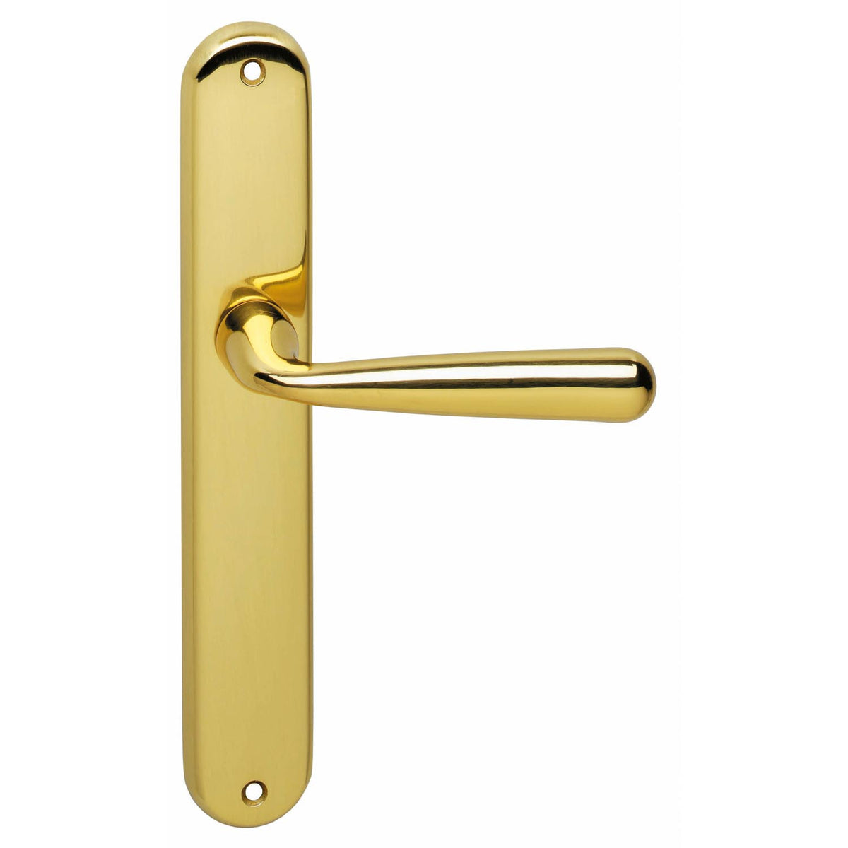 Intersteel deurkruk Saturnus en Helena op schild messing gelakt — binnendeur-kruk-set met langwerpig schild, gelakt messing voor 5-10 jaar stabiele spiegelglans, krukstift 8 mm vierkant voor klassieke jaren-30 paneeldeur.