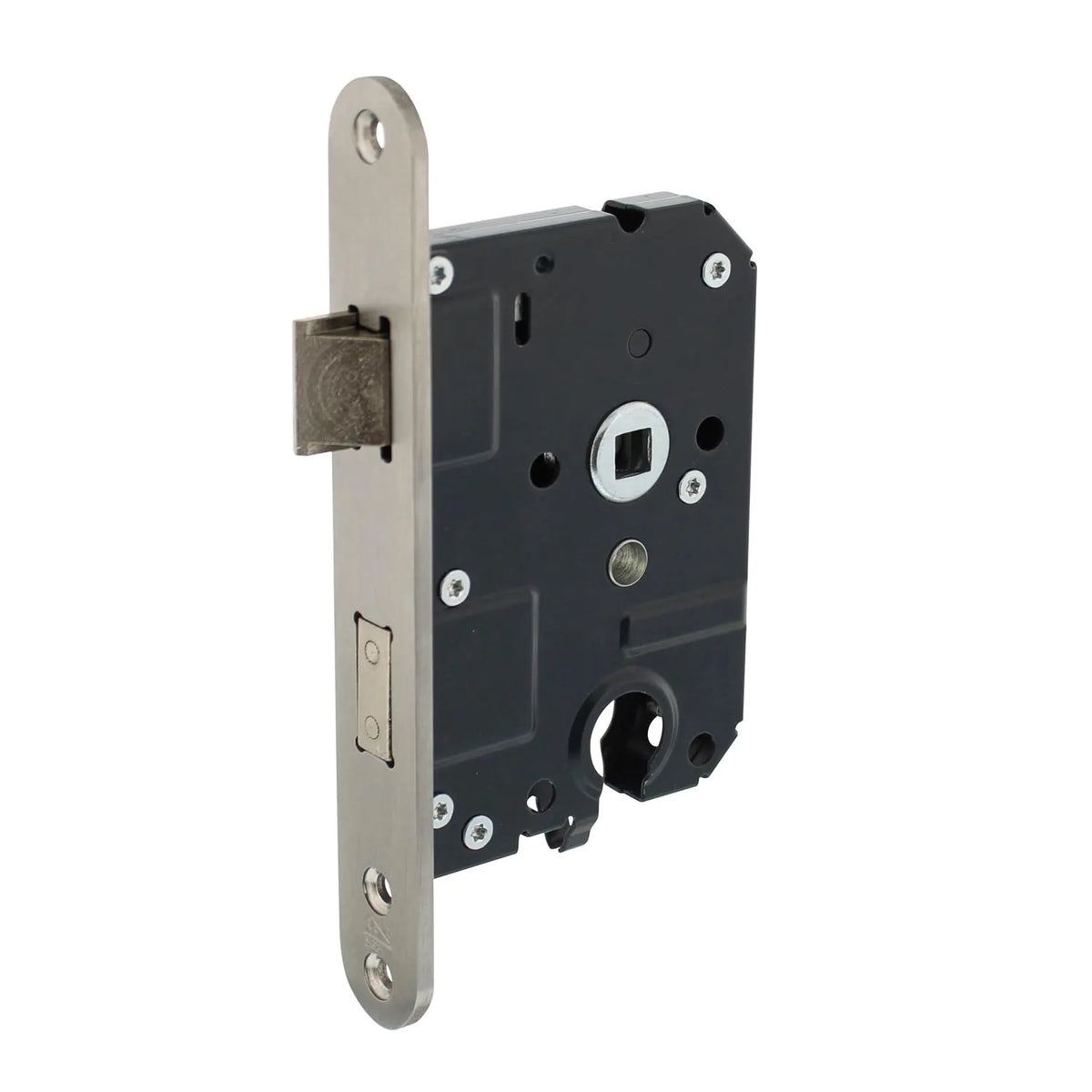 Intersteel Woningbouw loopslot, magneet loopslot, magneet badkamer/toilet slot 63/8mm en klavier kastslot 55mm met voorplaat afgerond — insteeksloten in Mat Zwart, Wit en RVS Geborsteld plus complete deurbeslag-sets met deurkruk en sluiting.