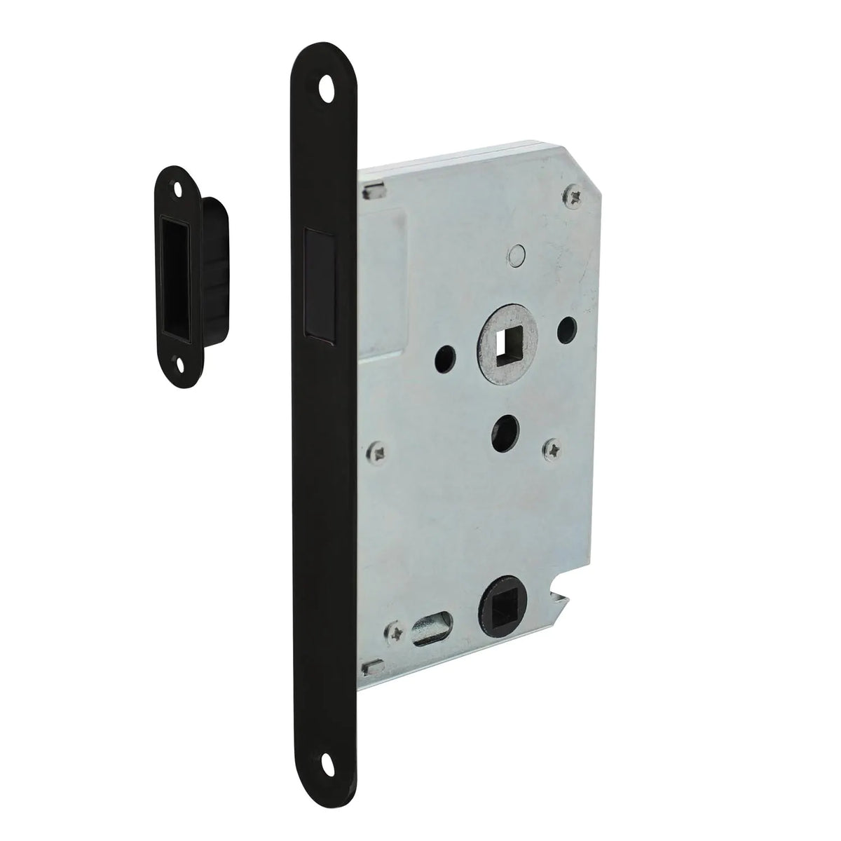 Intersteel Woningbouw magneet en Mauer 4445 magneetsloten — insteeksloten met magneet-mechanisme voor fluisterstil sluiten zonder click-geluid, loopslot, badkamer/toilet 63/8 en klavier/cilinder dag-en-nachtslot 55 mm in zwart en RVS voorplaat afgerond.