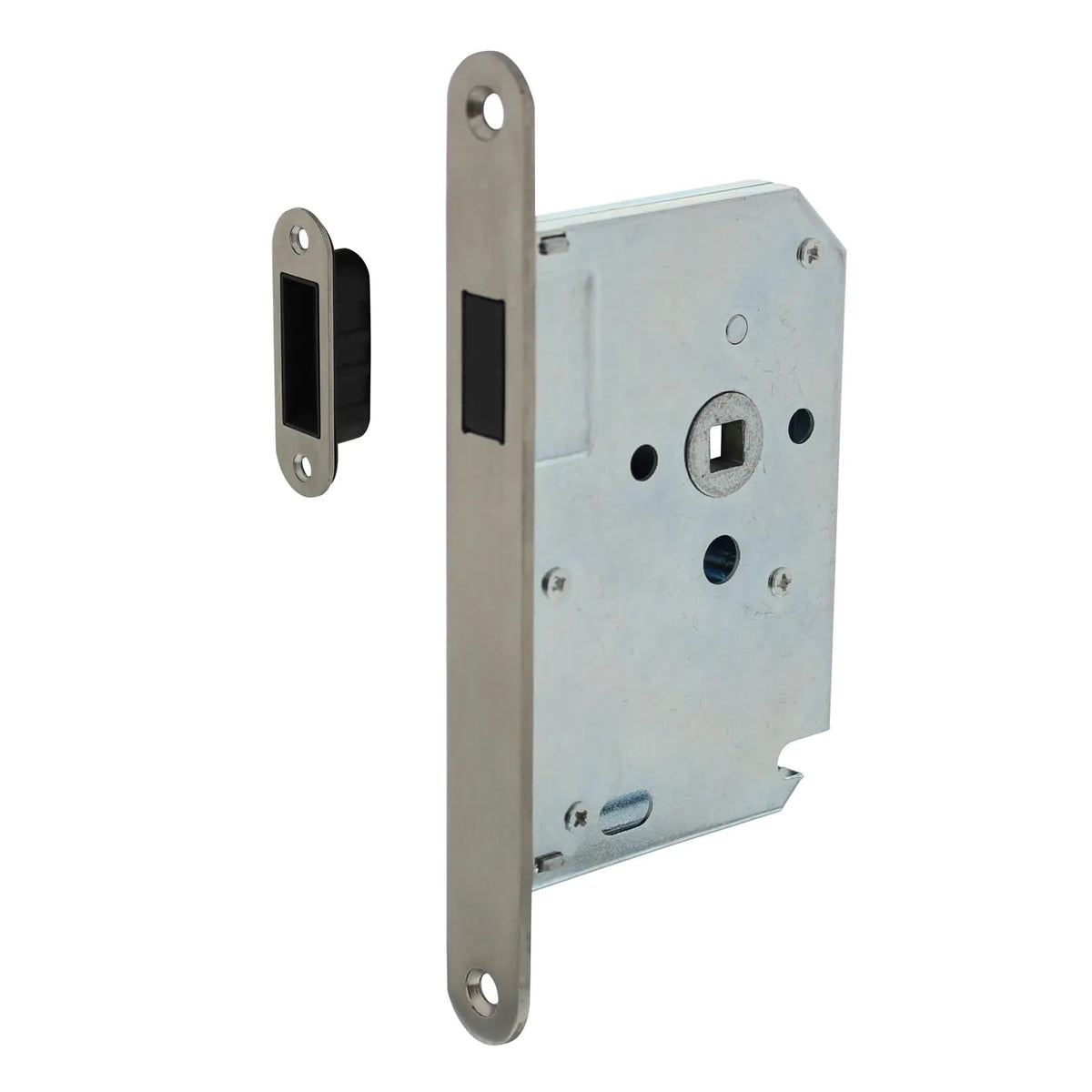 Intersteel Woningbouw magneet en Mauer 4445/1545 magneetslot RVS — insteekslot voor binnendeur met magneet-mechanisme voor fluisterstil sluiten, RVS voorplaat afgerond voor loopslot, badkamer 63/8, klavier en cilinder dag-nachtslot 55 mm.