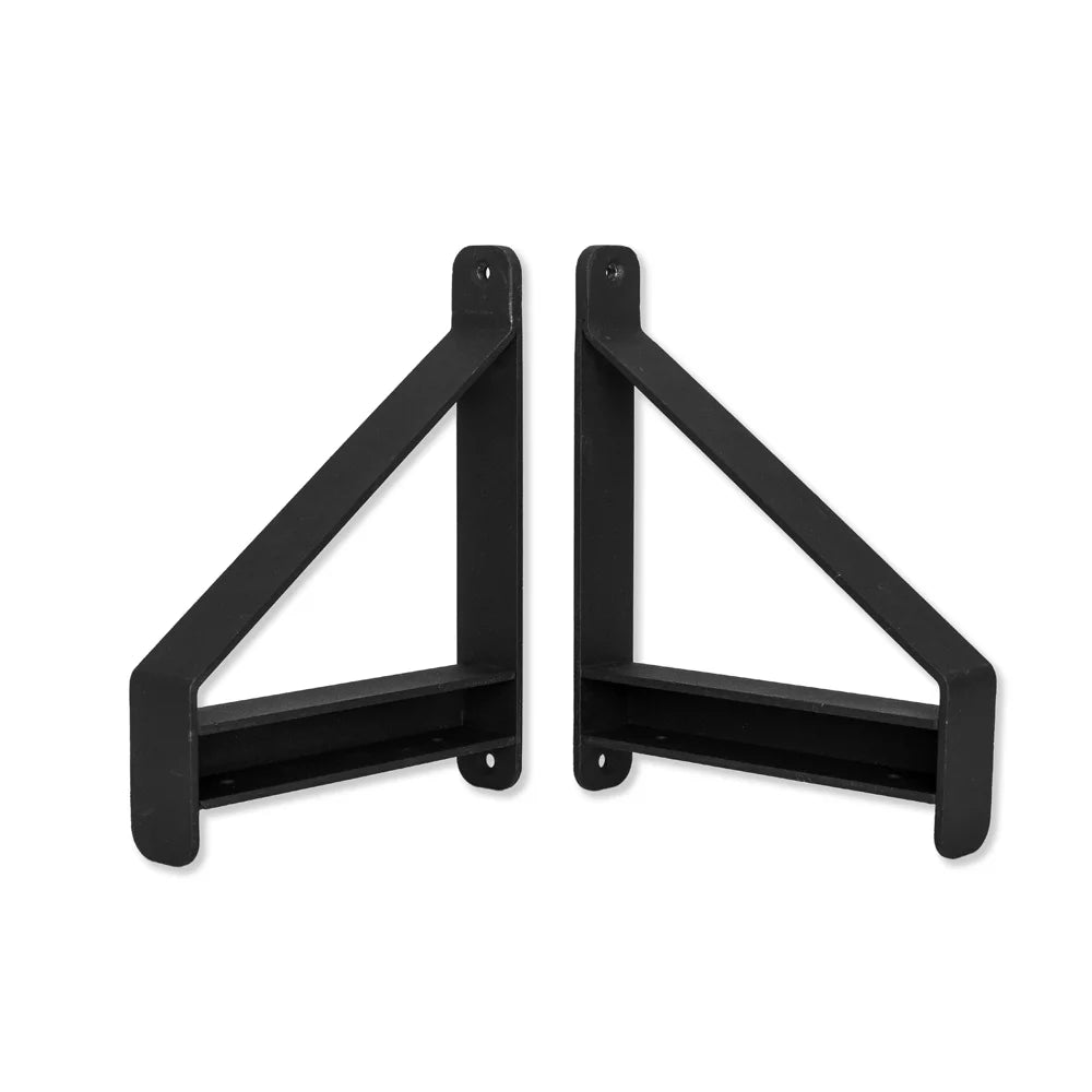 Dulimex Plankdragerset DUO 200x160mm in zwart en RVS-finish — Duo Plankdragers met dubbele-staaf-constructie voor robuuste plank-bevestiging in moderne woonkamer of werkkamer met design-statement zonder zware muur-bevestiging.