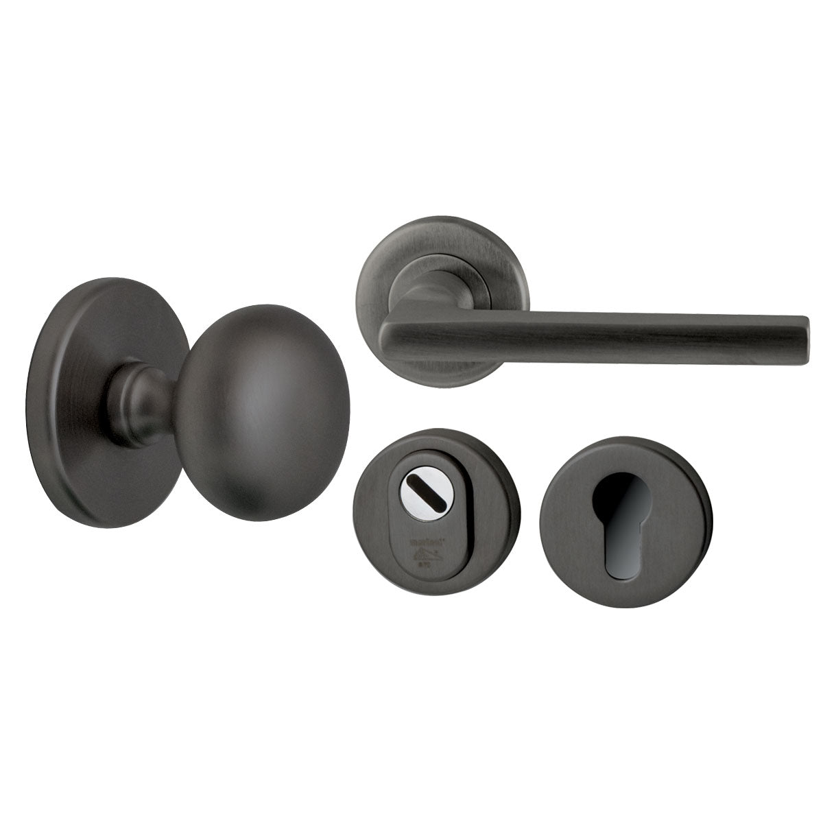 Formani BVEIL-KT en BSQVEIL-KT veiligheidscilinderrozet PVD gun metal, Hardbrass Voordeurset Iris/Sara, Iris/Olympia, Charley/Zenith, Pragma/Silvia compleet en 3-delig SKG3 plus Achterdeurset Sara, Silvia en Zenith — gun metal veiligheidsbeslag SKG3 PVD.