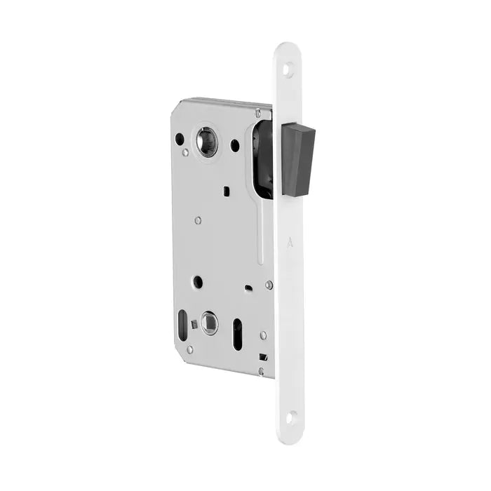 Aprile Woningbouw Magneetslot 2867/2868/2869 mat wit — insteekslot voor binnendeur met magneet-mechanisme voor fluisterstil sluiten in RAL 9010 mat wit, sleutel 90 mm, cilinder 85 mm en WC 90 mm uitvoeringen voor kunststof- en MDF-binnendeur.
