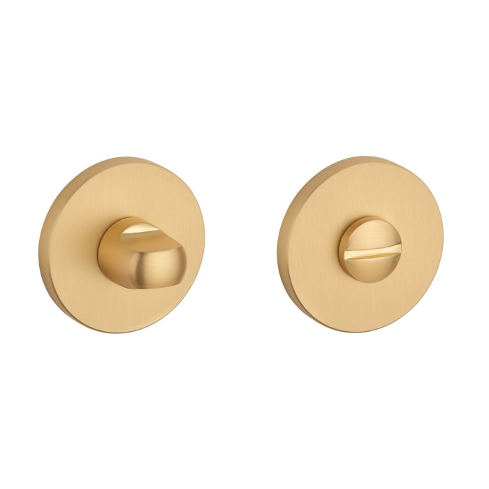 Differnz WC en Sleutelgat Goud Rond 53mm, STERK 1711 en 1712 OVAL PRO mat goud, Aprile Comfort satiné, STILE Mat goud, AXA Binnendeur Klik rond Goud, HDD Pro Blind Messing plus Intersteel Q verdekt PVD Messing Mat — gouden rozetten.