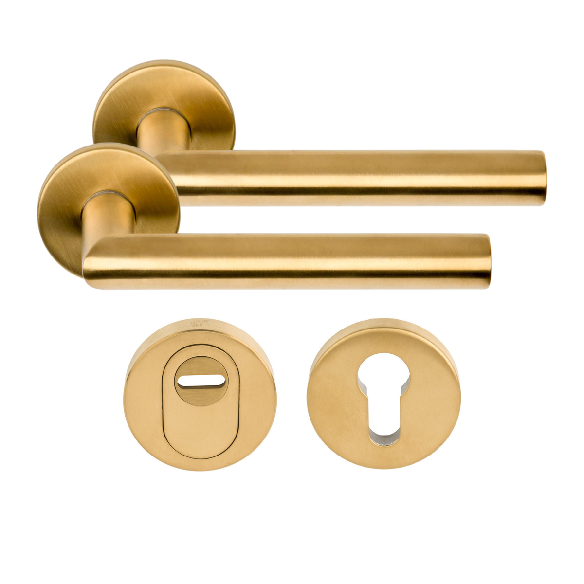 Intersteel Veiligheidsbeslag Helena PC72/PC92, Luzern PVD Messing Getrommeld plus Amsterdam en Jura Vierkant, Formani Achterdeurset LB2-19/LB7-19/LB18H PVD Mat Goud SKG3, Artitec Mi Satori Halfsabel/Bonton/Linea ongelakt — goud achterdeurbeslag.