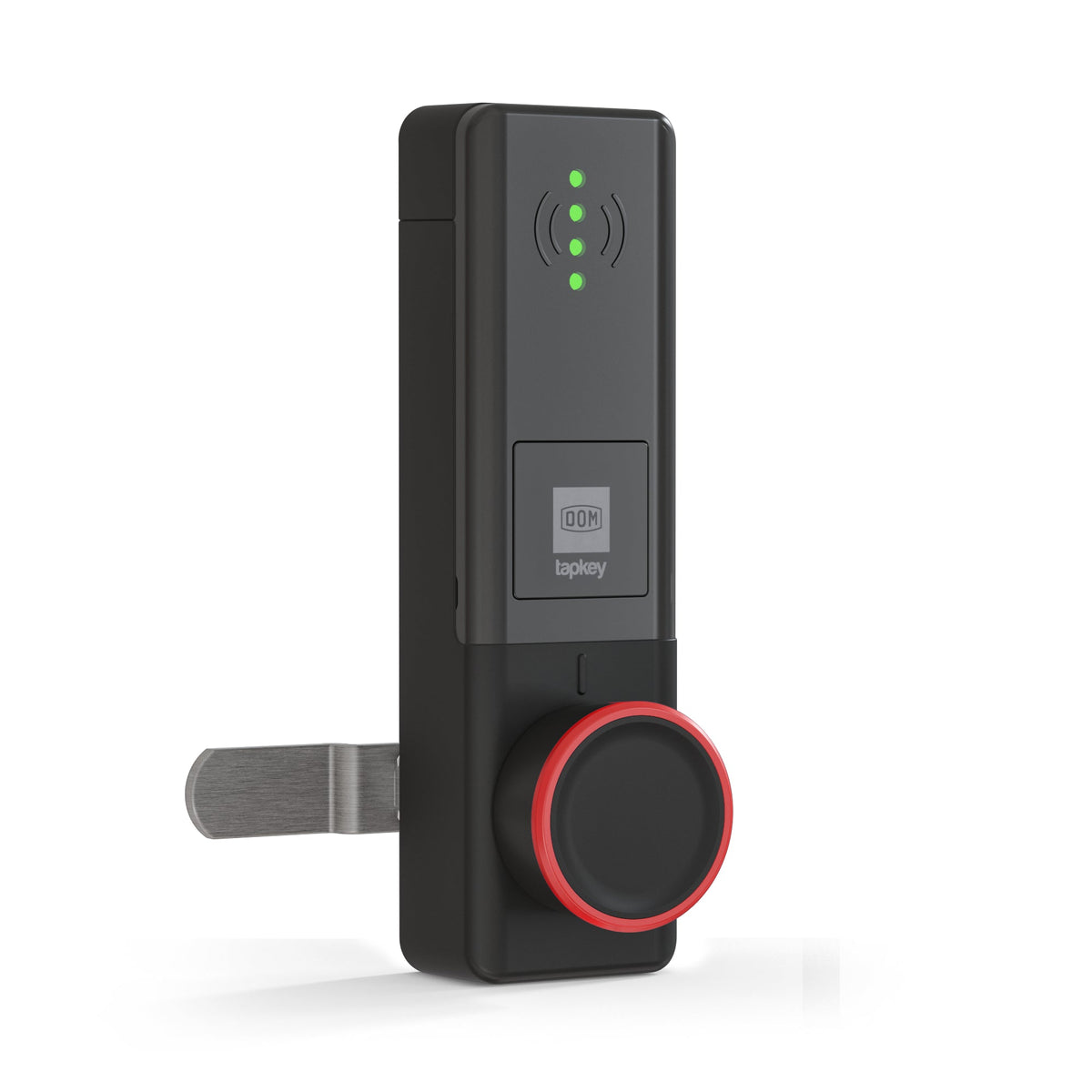 DOM Tapkey LoQ en ENiQ Hevelslot Zwart voor lockers en kast-deuren met smartphone-app toegang via Bluetooth en sleuteltag — digitale lockersloten voor sportschool, kantoor, school of villa-inloopkast met flexibele toegangs-controle.
