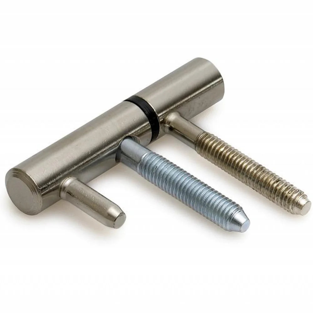 DX Inboorpaumelle 14mm staal zwart, satijn verchroomd en RVS finish met zwarte nylon ring voor metsel- en montage-kozijn, Dulimex vernikkeld plus Griff Meister brons in 14mm — inboorpaumelles voor houten en metsel-kozijn.