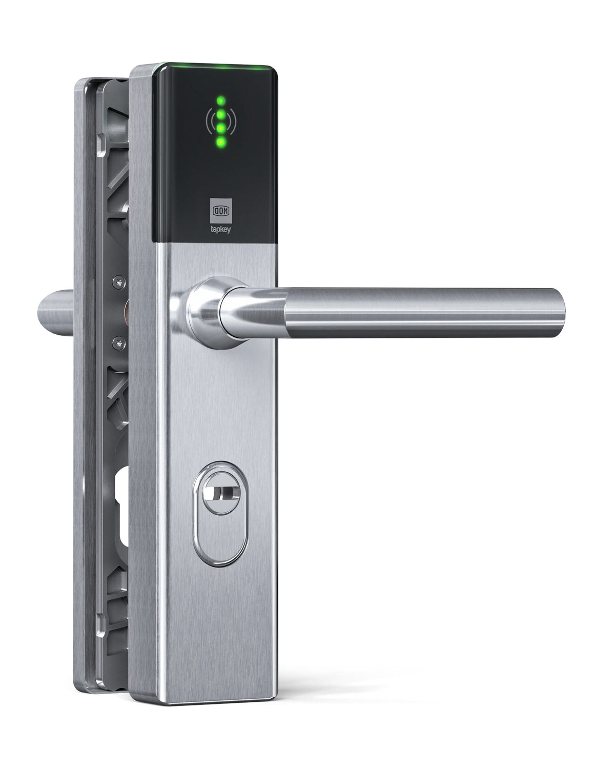 DOM Tapkey Guard S Slimline en Wideline Zilver en Slimline Blind met dubbele toegangscontrole — digitale veiligheidsdeurbeslagen voor villa-voordeur met smartphone-app of sleuteltag-toegang plus elektronische cilinder-set.