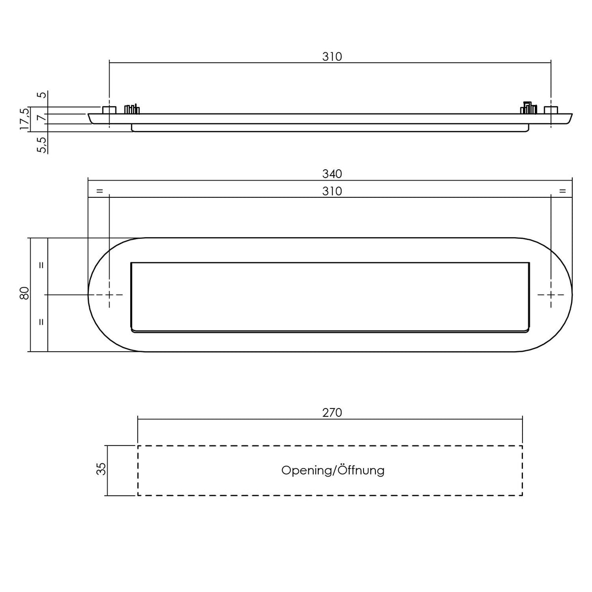 Intersteel brievenbus messing getrommeld – detail klep en regenrand
