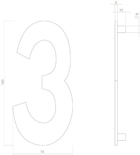 Intersteel huisnummer 3 messing getrommeld – detail achterzijde