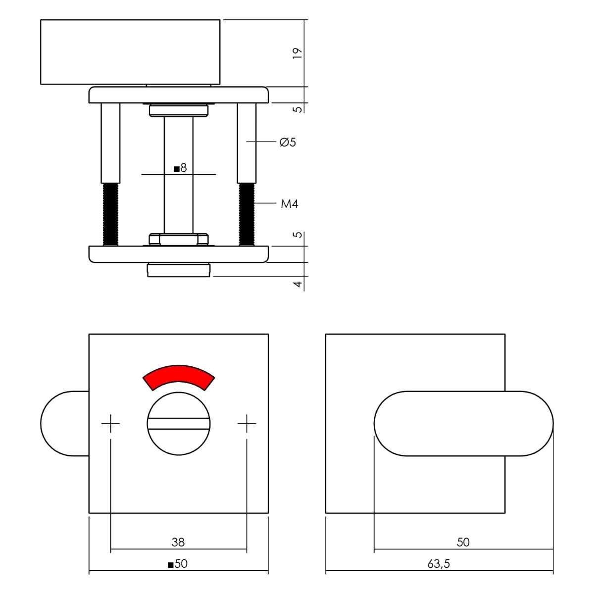 Intersteel toilet-/badkamersluiting vierkant mat zwart werktekening met afmetingen