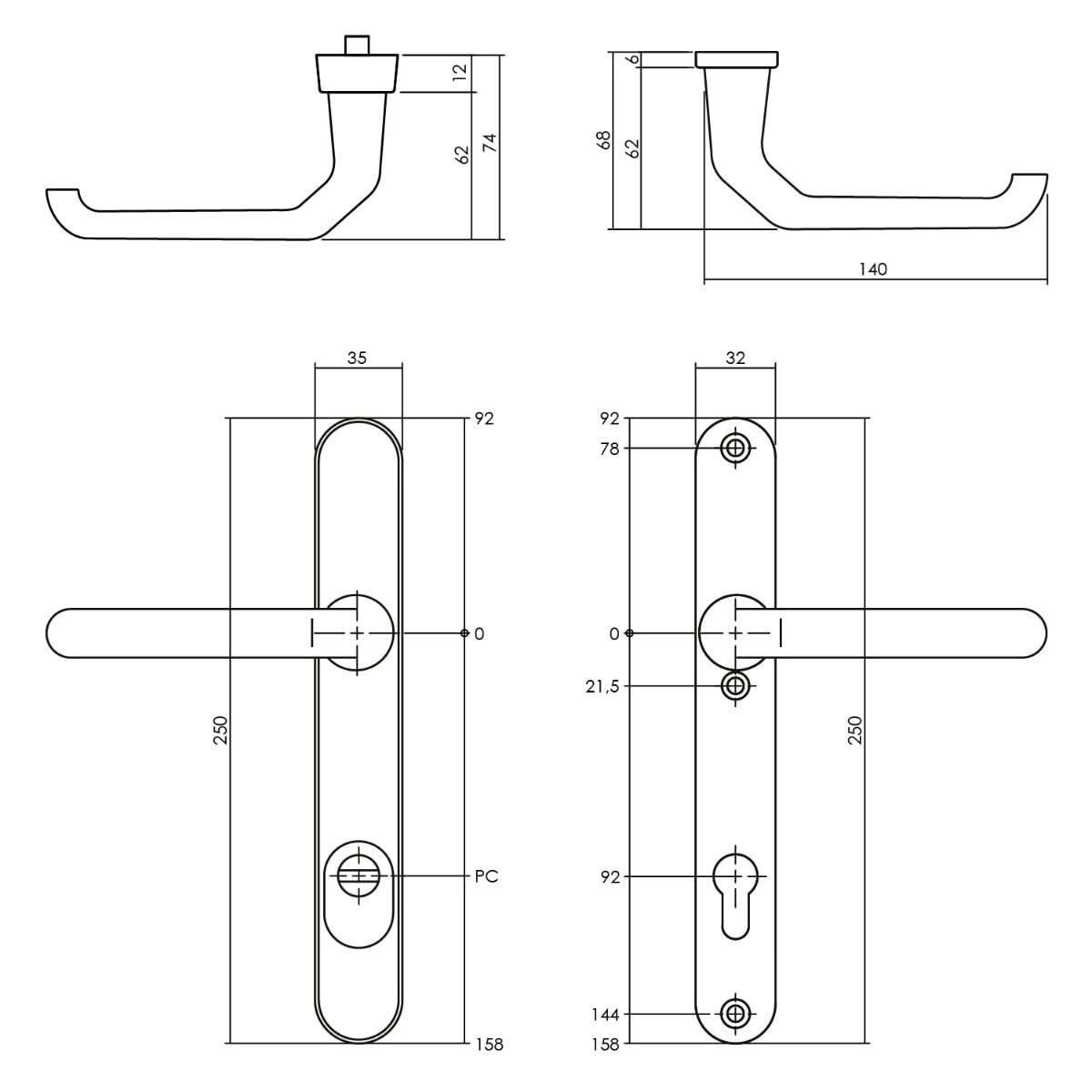 Intersteel veiligheidsbeslag PC92 smal mat zwart – detail