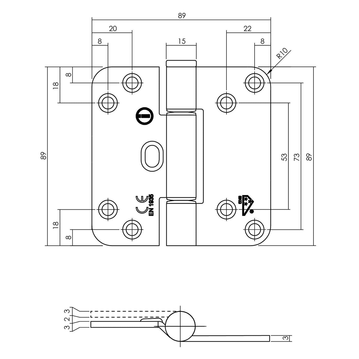 Intersteel glijlagerscharnier 89 x 89 x 3 mm DIN Universeel zwart – detailfoto