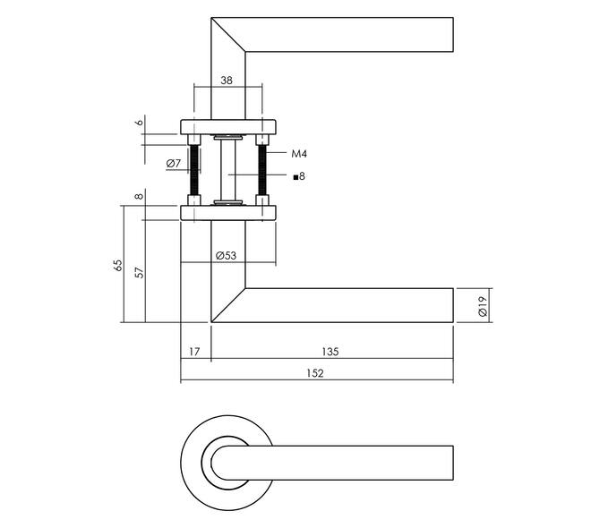 Intersteel deurkruk hoek 90° op geveerd rozet RVS – detail rozet