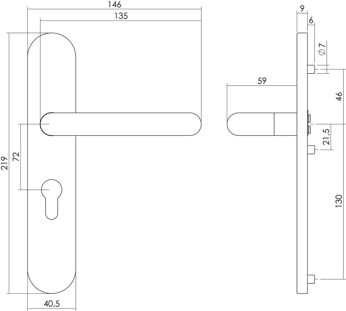 Intersteel deurkruk rond PC72 op schild RVS geborsteld - detail