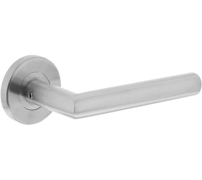 Intersteel deurkruk hoek 90° geveerd stalen rozet Ø53x8mm RVS klasse 4 – vooraanzicht