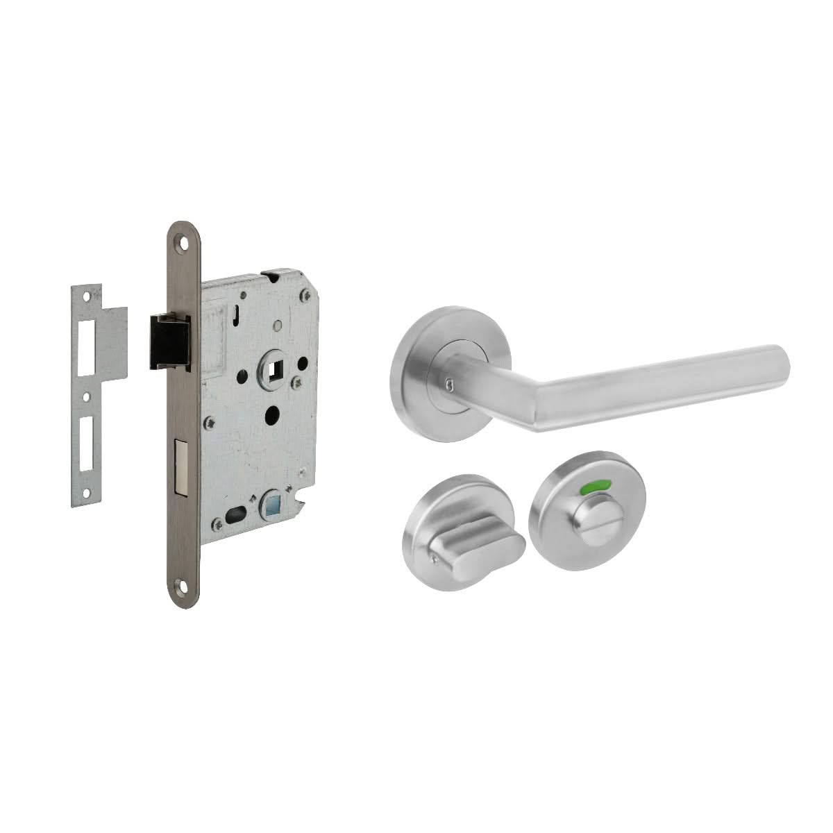Intersteel deurbeslagset wc-slot 63/8 mm rvs met deurkruk Hoek 90° - vooraanzicht