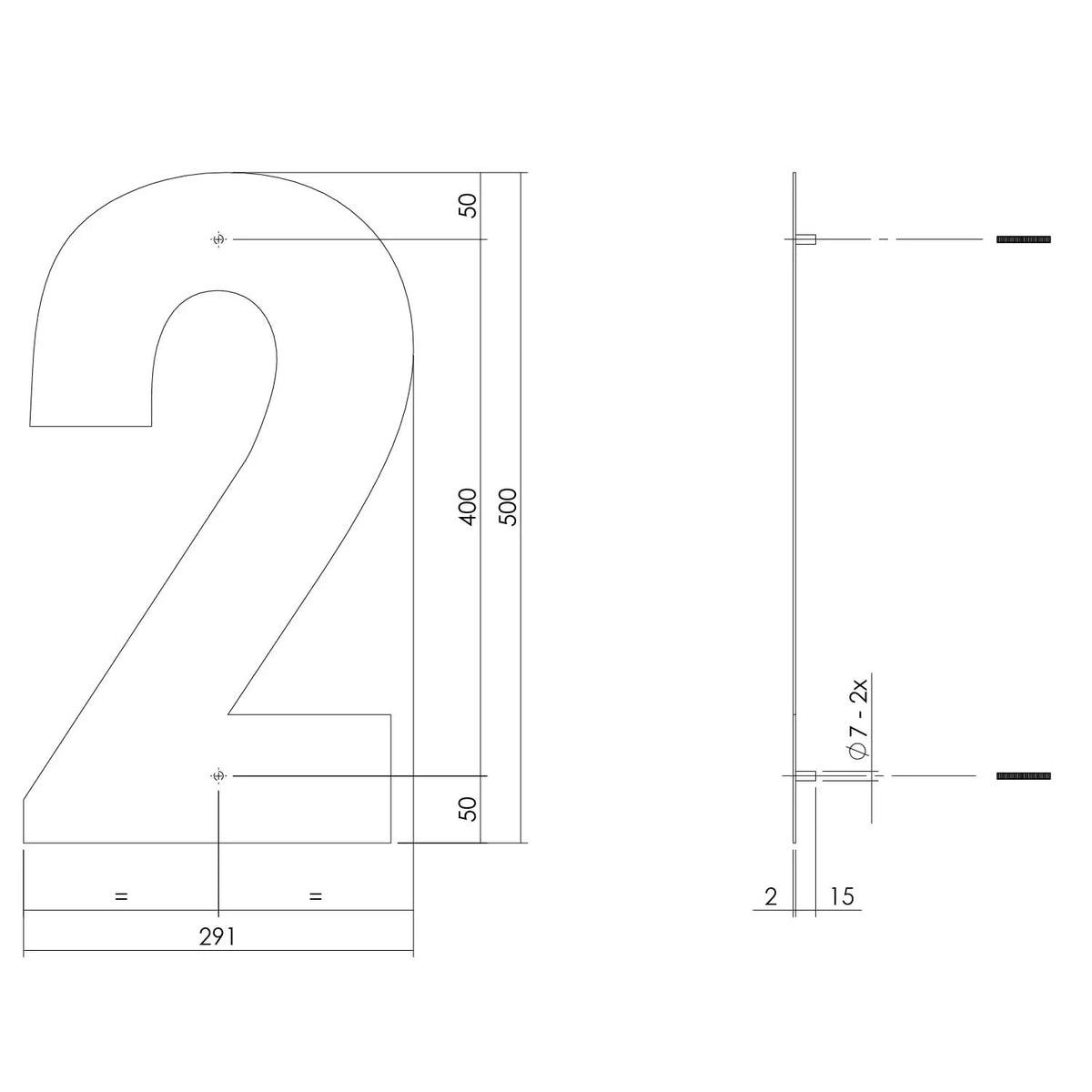 Intersteel huisnummer 2 XXL hoogte 50 cm rvs geborsteld – detailfoto