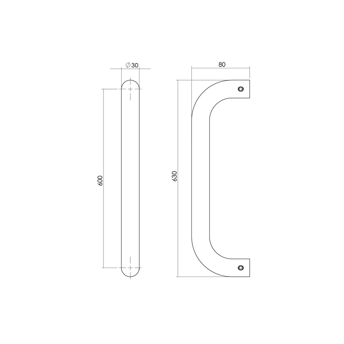 Intersteel deurgreep U-vorm 630 mm HoH 600 per stuk rvs geborsteld – detail