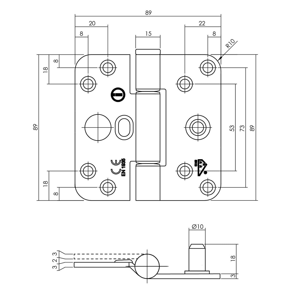 Intersteel glijlagerscharnier 89 x 89 x 3 mm DIN rechts/links verzinkt SKG3 – detailfoto