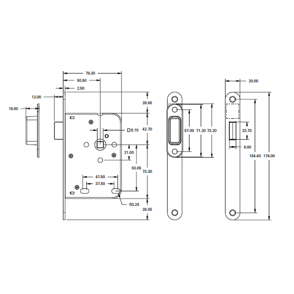 Mauer magneetslot 1545 loopslot - technische tekening met maatvoering