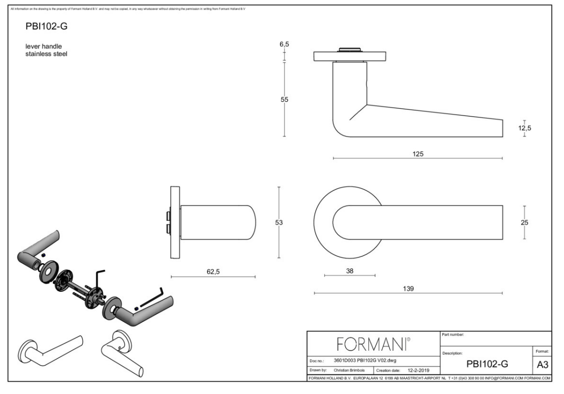 Formani PBI102-G deurkruk Piet Boon mat roestvast staal detail