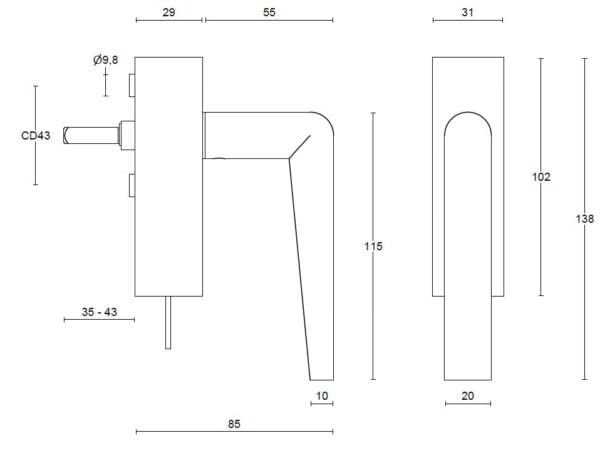 Formani PBI100-DKLOCK draaikiepgarnituur mat roestvast staal - detailaanzicht