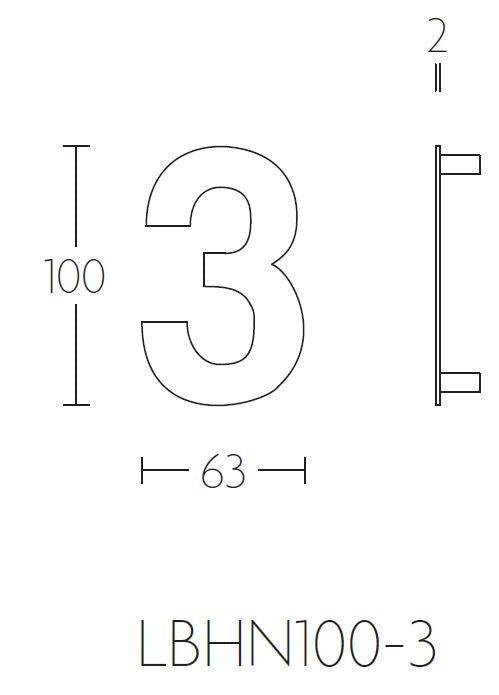 Formani BASICS huisnummer 3 Mat zwart lijntekening met maatvoering