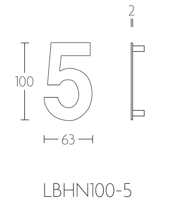 Formani BASICS huisnummer 5 PVD Mat RVS lijntekening met maatvoering