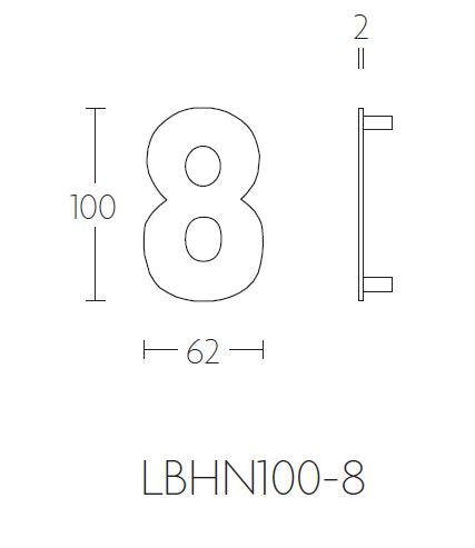 Formani BASICS huisnummer 8 in brons met PVD-coating – lijntekening met maatvoering