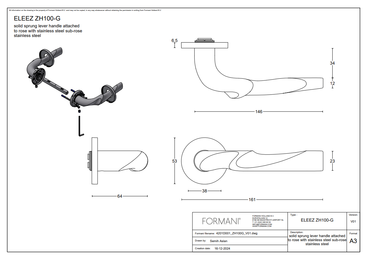 Formani Zaha Hadid deurkruk ZH100-G op rozet in mat RVS – detail