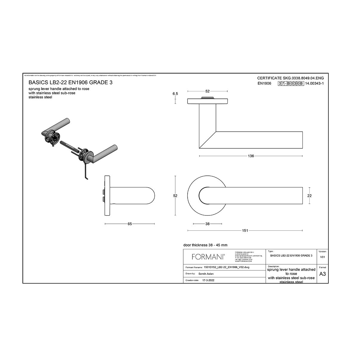 Formani BASIC LB2-22 deurkruk – technische maatschets