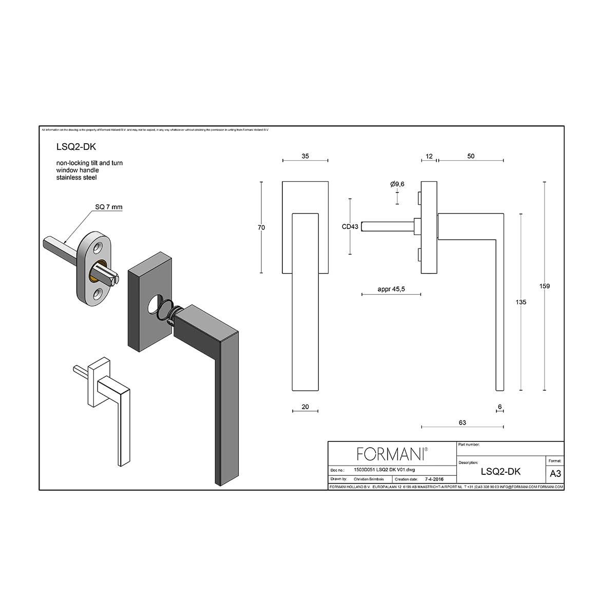 Formani LSQ2 draaikiepgarnituur mat roestvast staal detail