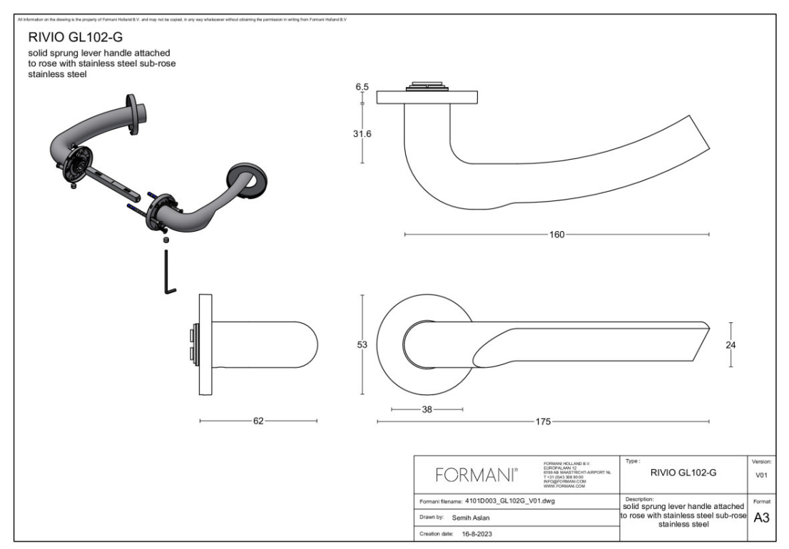 Formani Gensler deurkruk GL102-G op rozet in mat RVS – detail