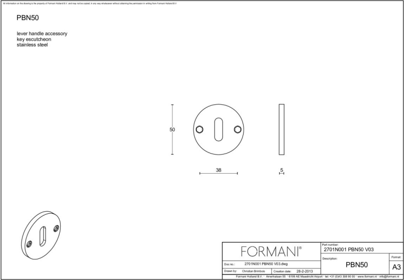 Formani sleutelplaatje PBN50 pvd licht brons detail