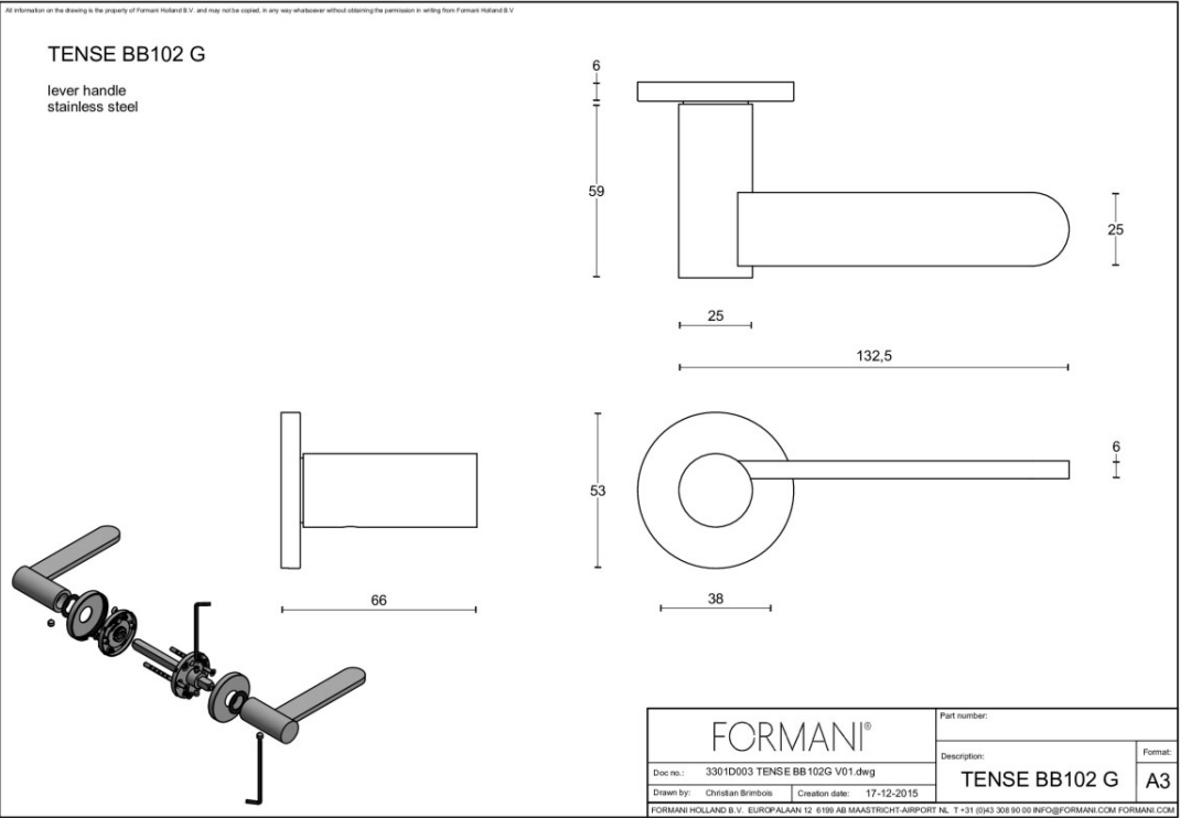 Formani BB102-G deurkruk mat roestvast staal detail