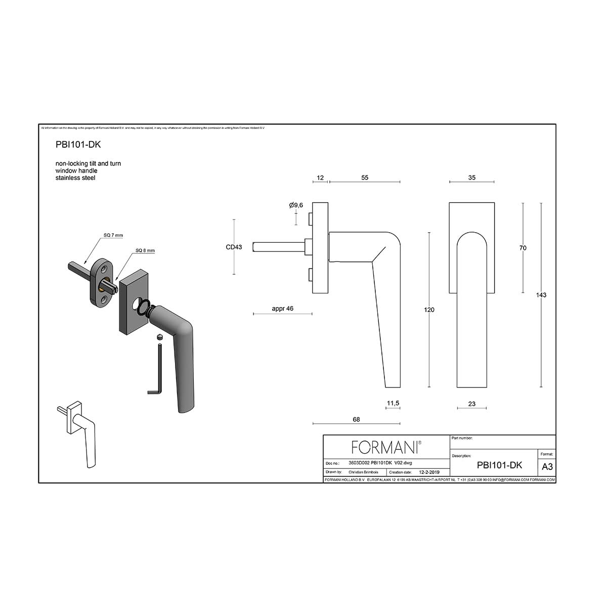 Formani PBI101-DK draaikiepgarnituur PVD licht brons – technische tekening