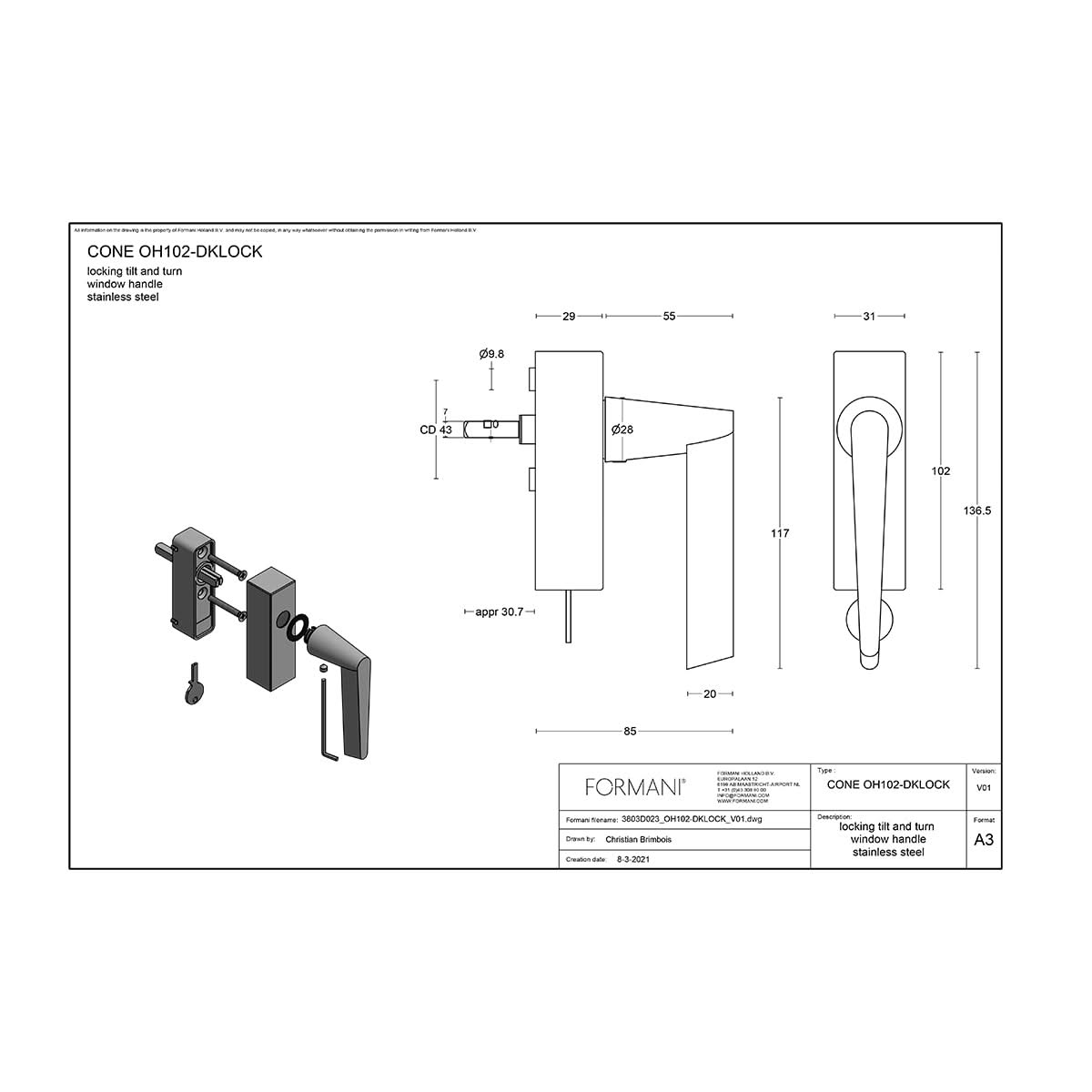 Formani OH102DKLOCK draaikiepgarnituur mat roestvast staal – detail