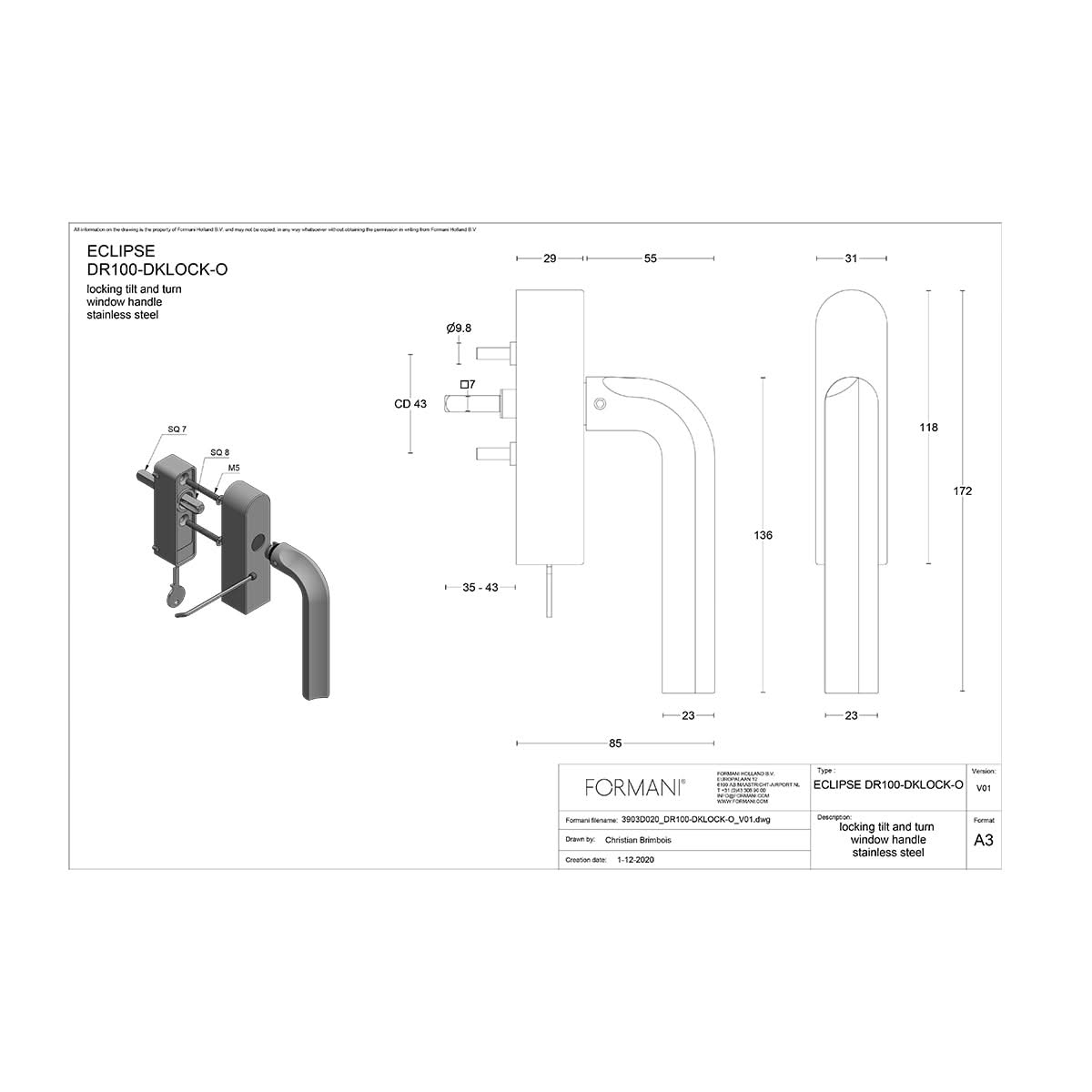 Formani DR100-DKLOCK-O draaikiepgarnituur brons linksdraaiend – detail