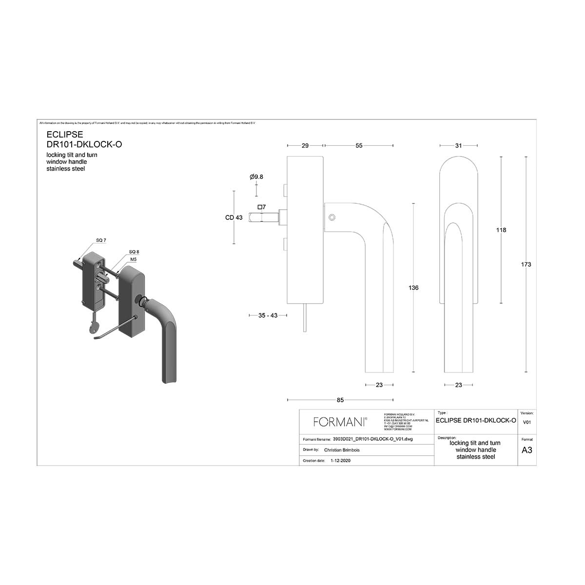 Formani DR101-DKLOCK-O draaikiepgarnituur brons linksdraaiend – detail