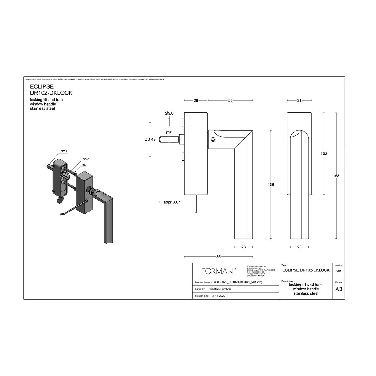 Formani DR102-DKLOCK draaikiepgarnituur mat roestvast staal rechtsdraaiend – detail