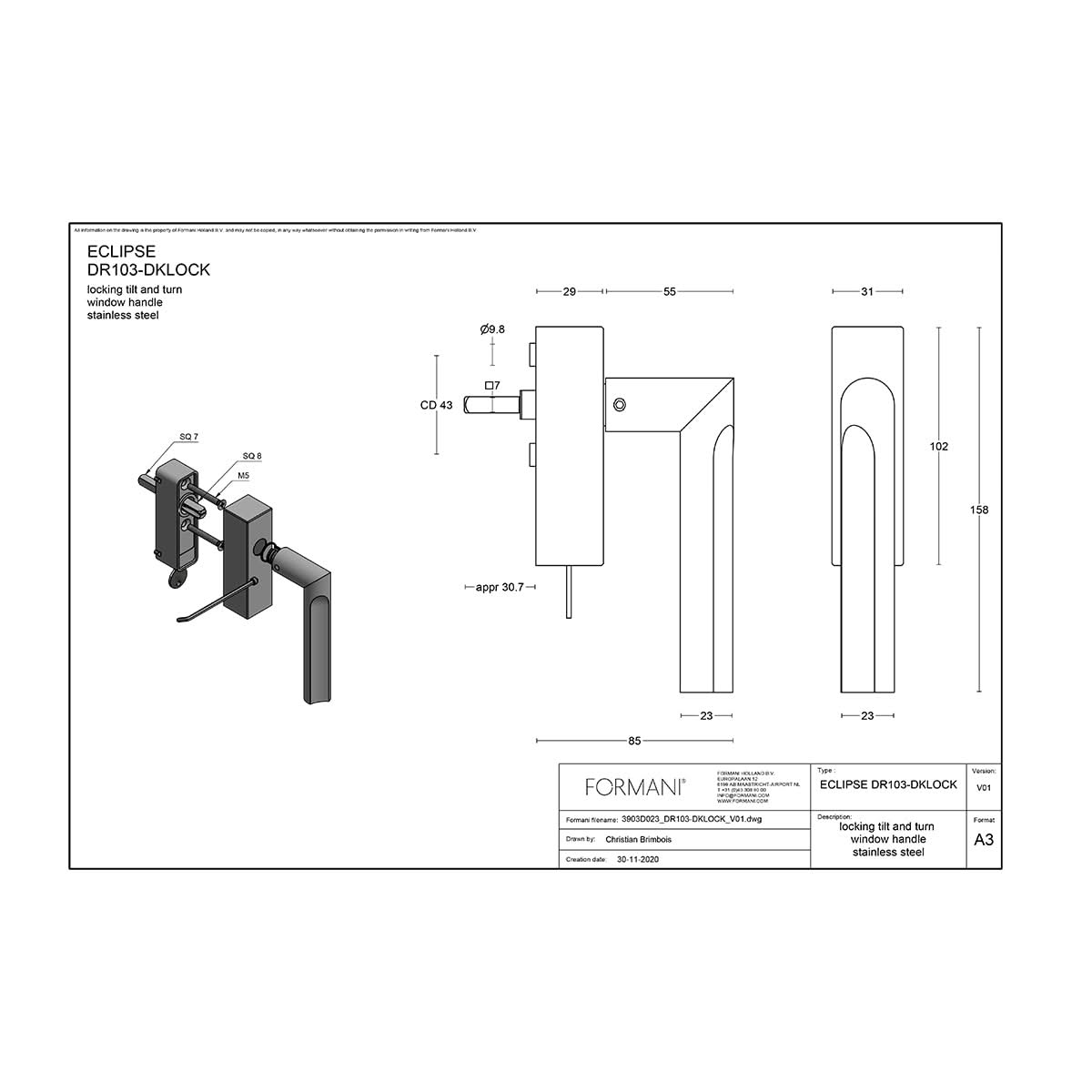 Formani DR103-DKLOCK draaikiepgarnituur brons linksdraaiend - detail