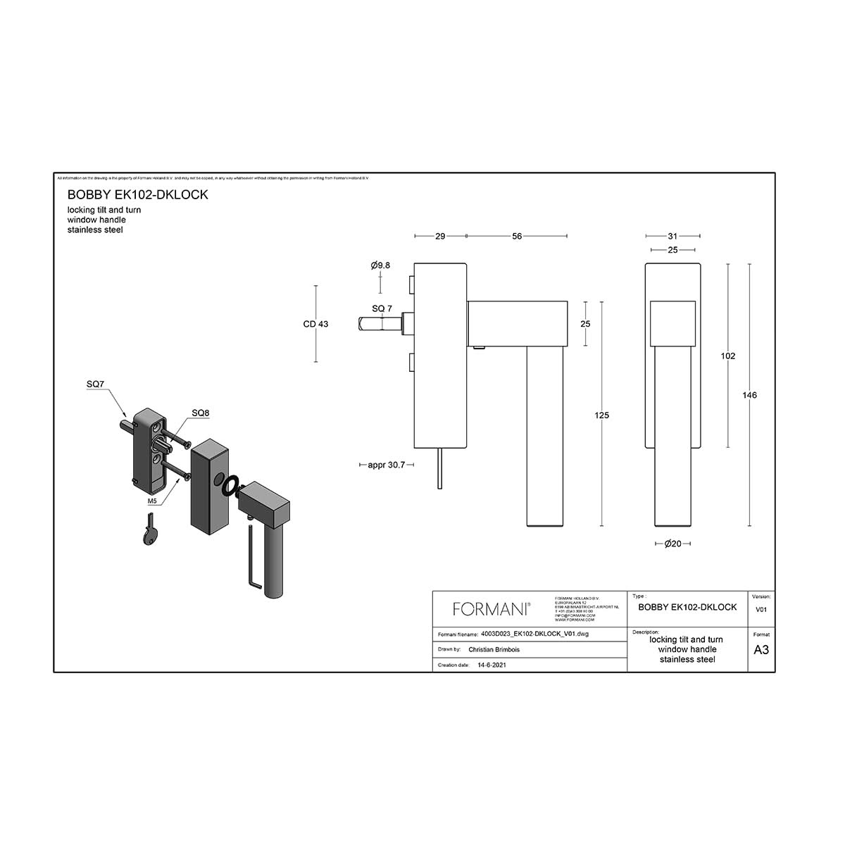 FORMANI EK102-DKLOCK draaikiepgarnituur mat rvs – detailweergave